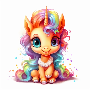 Cute Beautiful Happy Face Rainbow Baby Unicorn is sitting full body Sublimation Clipart ,Cartoon,hyper realistic, intricate detail, illustration style,high solution,on the white background