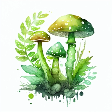 Watercolour Magic Mystical Mushrooms clipart green creepy. One larger mushroom and 2-3 smaller ones growing as a group from the ground. no other mushrooms. a little bit of green plants and leaves around without inclusions or dots or circles and also growing from the ground. No things hanging in the air. white background
