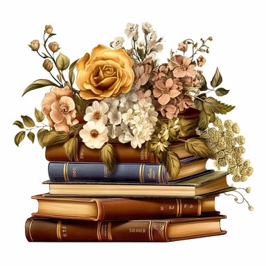 Flower Old Books, Books are piled together, Clipart, extremely detailed, sharp contrast, high definition, white background, golden colors, illustration