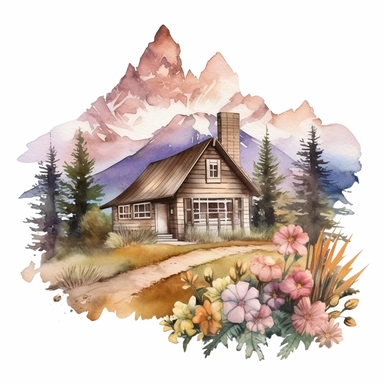 watercolor cottage house wildflowers clipart, far away mountains, subdued colors