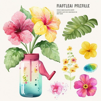summer Illustrations, water festival , hibiscus flower, Floral Bouquet, colorful plastic water gun, Planner Graphics, Cheerful Colors, Hand-Drawn Art, Botanical Clipart, Watercolor Elements, single design, 8k