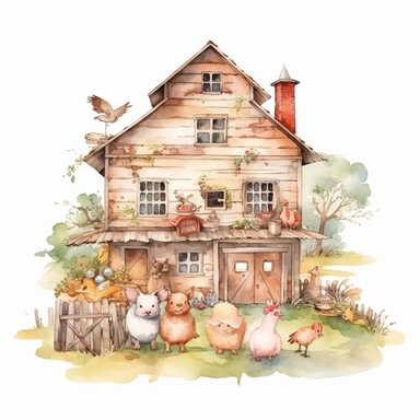 watercolor farm house clipart with meadow and some animals, white background, no comment, 8k
