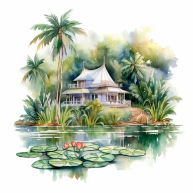 watercolor magical bungalow house in the tropical jungle with amazing garden clipart near the river, lotus plants on the water surface, peacefull, white background, 8k