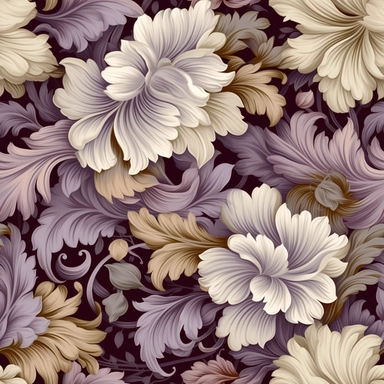 please create an impasto floral seamless pattern in shades of purple, green, gray, brown & cream , vector, clipart, 32k, fine detail, realistic,