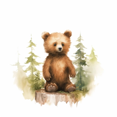 little baby, brown bear,neutral nursery art,cute bear, Baby attire,intricate,disney, baby light green,baby light blue, baby light ocher,hairy, cotton, beautiful trees,enchanted Forest,realism, watercolor painting, enchanted Forest, solid background, white background, vintage outfit, oil painting, photobashing, tattoo design,clipart--v 5.1
