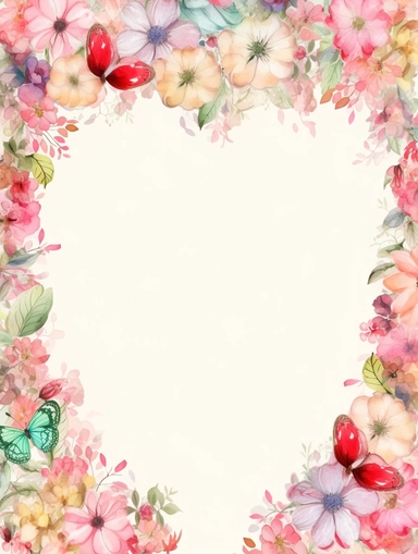 frame for poster, narrow vignette along the sides and the corners of the picture, little cute wild bright clipart flowers like hearts vignette, soff pastel blank center of the picture,