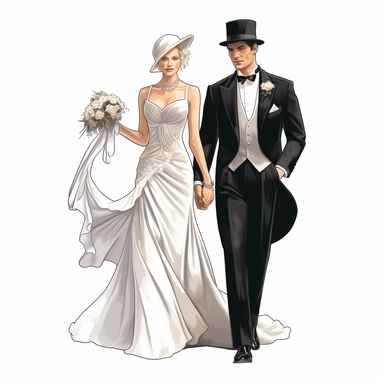 Bride and groom full body, fancy bride dress, high level of detail, vector clipart, white background