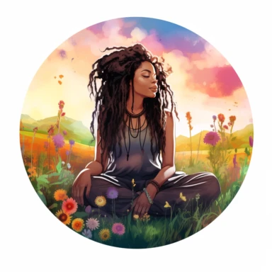 llustration of black woman, with locs, boho modern aesthetic, cottagecore, avacadopunk, surrounded by florals, soft rainbow hues, watercolor, sitting in a meadow, looking relaxed, flawless line work, very low detail, clipart, in a round frame, isolated on white background