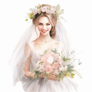 beautiful watercolor fun, happy and cute photorealistic stylish, smiling bride in white wedding dress and tiara beautiful, whole body, decorated in big pastel and light colors flowers in the style of aquarelist, wedding illustrations award winner, wedding clipart, 8k, white background, intricate details illustrations very detailed, uhd exquisite clothing detail, rimel neffati