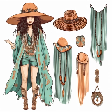 Boho Fashion Accessories: Design clipart showcasing bohemian fashion accessories like wide-brimmed hats, layered necklaces, statement earrings, fringed bags, flowing scarves, and boho-inspired clothing pieces. These elements can be incorporated into fashion illustrations or used in fashion-related designs with vibrant colors, organic shapes, and a sense of free-spiritedness to capture the essence of bohemian decoration.