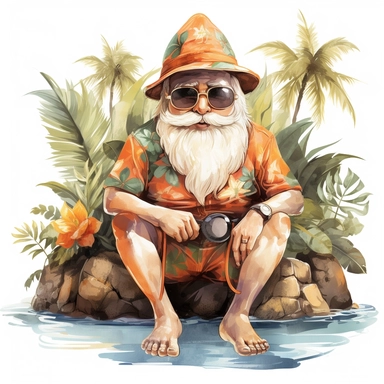 gnome in pool in Hawaii beach outfit, vibrant color, clipart, watercolor illustration, white background
