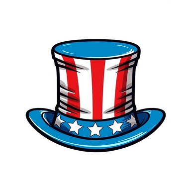 a top hat in american flag color pattern, 2d, clip-art, clean, t-shirt vector design, isolated in white background