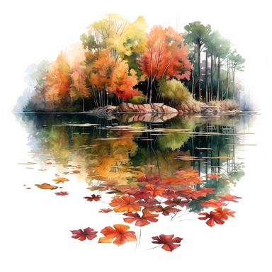 watercolor, hyper realistic, white background, white margins, 16k, ultra detailed clipart, cut out image, hand-drawn a tranquil pond nestled amidst the trees. Capture the reflection of the colorful foliage on the water surface, with fallen leaves floating gently.