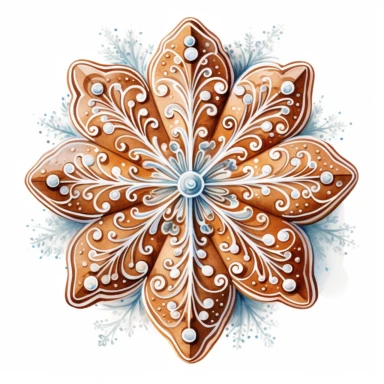 A isolated watercolor clipart, Christmas hand made gingerbread, snowflakes,white background, Art Nouveau, highly detailed,