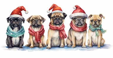 Cute puppies in a line, dressed in cute christmas outfits, playful, vivid colors, white background, ornamental watercolor clipart, I can't believe how beautiful this is