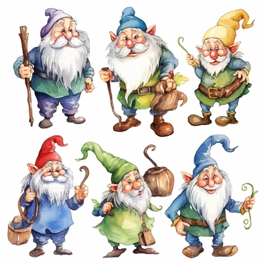Watercolor Seven Dwarfs (Doc, Dopey, Sleepy, Grumpy, Sneezy, Bashful, and Happy) , llustrations clipart set, simple , cartoon elements, fairy tale theme and elements, different characters, handsome blonde prince, the huntsman, the evil queen, mirror, different variants , , separate elements with a margin