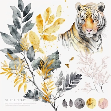Set of watercolor tiger clipart set flatlay, outline, with Focus on yellow leaves, branches, color pastel, high quality, aesthetic style, illustration isolated on white background--v 4
