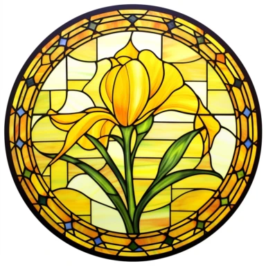 circle window with a radiant stained glass artwork clipart on a white background, intricate details and lines, depicting a beautiful daffodil. The vibrant yellow hues and delicate form capture the charm of this early spring flower. The translucent effects add a luminous touch, infusing the daffodil with a radiant glow within the artwork.