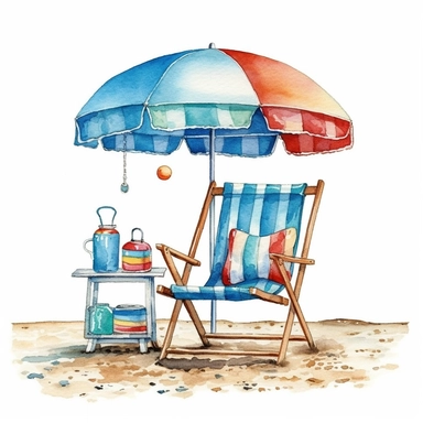 Watercolor Beach Chair, sky, beach, swim ring, umbrella, ball, Summer party clipart on the beach, white background, detailed, 8K