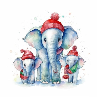 charming family of 4 elephant, Christmas morning, festive decor and mood, ornamental watercolor, clipart
