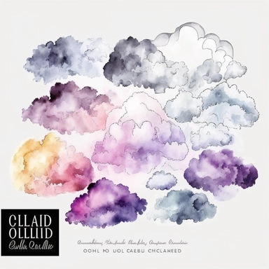 clouds, ombre, watercolor,all white background, clipart
