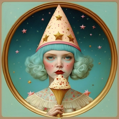 boho candy witch wearing ice cream for a hat, surrounded by stars and dessert, clipart, Masterpiece of classical painting in retro futurism style, Mark Ryden, On the set of Wes Anderson film,--v 5