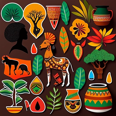 a set of clipart stickers for Ankhara Designs that capture the vibrant and authentic spirit of African culture. The stickers should include a variety of elements, such as tribal patterns, animals, and symbols, that represent the diversity and richness of African heritage. Use bold and bright colors to make the stickers pop and give them a playful and joyful feel. Think about incorporating traditional African fabrics and textiles, such as kente, mud cloth, or Ankara prints, into the designs to fu