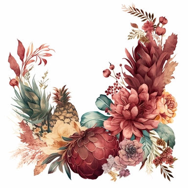 watercolor dusty burgundy floral in the far bottom left corner and far top right coner only, and pineapples in the far bottom left left corner and far up right corner only, clipart, coral, white background, no text