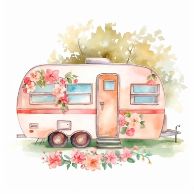 travel camping trailer with cute flowers and trees behinds the backgound clipart watercolor