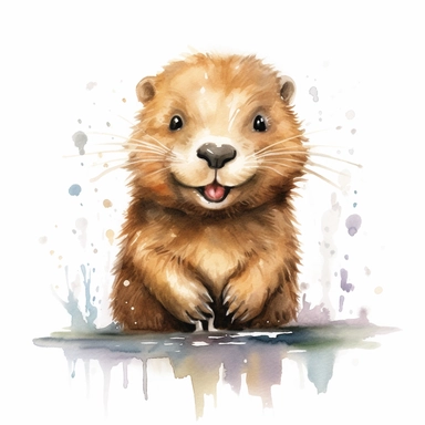 a captivating watercolor clipart image with a white background and white margins, featuring a cute sweet extremely happy smiling baby beaver. The ultra-detailed, hand-drawn elements capture the details. Use vibrant shades of various colors to create a visually appealing image
