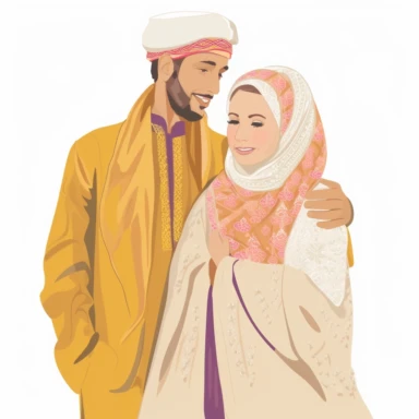 Create one clipart full size body of a couple wedding [maroccan] with loving expressions, gentle and affectionate body language, hugs . The couple is form with [ bride in kifta wedding dress] and [ a man in maroccan suit wedding ]. Use traditional clothing and accessories that are meaningful to each culture, and incorporate [color] and [color] to add visual interest and cultural significance to the design by Eddie Campbell