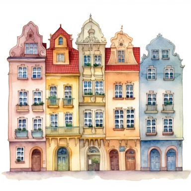 Very cute and Whimsical row houses in Prague, in Old Town Square, colorful, Watercolored illustration in the style of Michael Powell, clipart, white background for removing background - - no text shadow font watermark