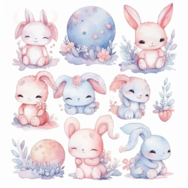 watercolor clipart of an adorable cute baby bunny sleeping in the moon wearing nice clothes, different lateral standing poses, perfect both ears and hands, different colors, a few flowers decor, cute cartoon animal