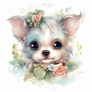 super cute newborn baby yorkie clipart with huge cute blue eyes happy smiling mouth painted in watercolor style, splashes, muted pastel blush pink and muted pastel sage green and muted pastel sage blue eucalyptus and peony flowers, white background jasmine becket griffith style 8k hd