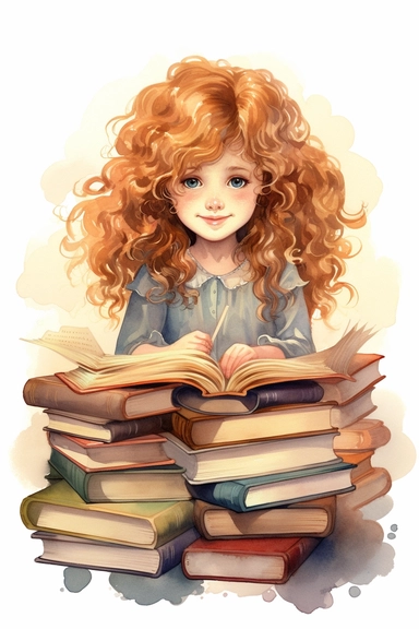 Draw lovely watercolor fantasy clipart , 10 year old girl with curly dark blonde hair and bangs reading pile of books, 32k