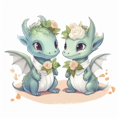Two cute little baby dragons having a pretend wedding. anime style clipart.