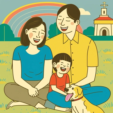 clipart , Happy Asian family mom, and dad smiling , and a child laughing with a puppy , sitting on the grass , primary color is yellow, blue and red, bright atmosphere, flat illustration, story telling, James jean, simple lines ,high resolution paper-cut styles , church with a cross on top backgrounds,no shading