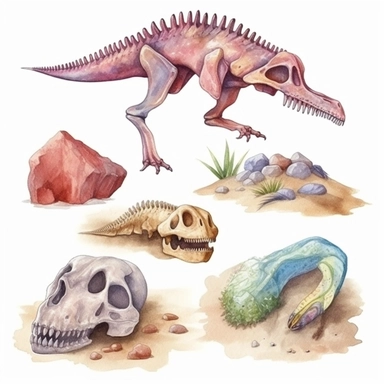 bones of dinosaurs in sand, clipart set on white background, watercolor