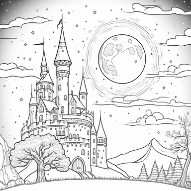 a starry sky with a castle in the foreground for a coloring book for youth outlined illustration. Crisp lines, vector clipart, highly detail, old cartoon drawing style, digital art