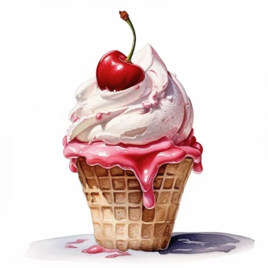 watercolor, hyper realistic, white background, white margins, 16k, ultra detailed clipart, cut out image, hand-drawn a scoop of vanilla ice cream with a cherry on top, with shades of white and red. in the style of carolyn blish, soft watercolours, website, translucent color, aleksandr deyneka, luminous glazes, charming illustrations