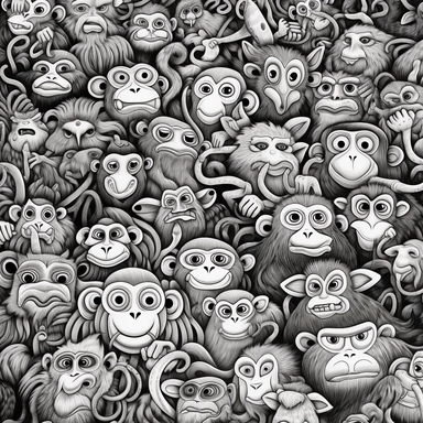 black and white coloring page for adults, lots of monkeys , in the style of ominous vibe, monochromatic white figures, fine lines, creative commons attribution, wallpaper, childs drawing, animated exuberance, no shading, clipart
