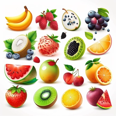 beautiful, 10 fruit stickers collection, clipart design, cartoon, 4k, white background, photo realism