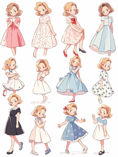16-years-old fashion beautiful girl looks like Grace Kelly in 1945s is showing her different outfits, traditional, clipart set, isolated image white background , in the style of nostalgic illustration