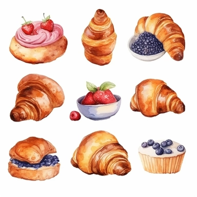 Watercolor Desserts Food Croissant Clipart , minimalist isolated white background, 8k