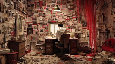 A room filled with scattered newspaper clippings, red strings connecting different articles, and magnifying glasses, in the style of conspiracy theory investigations, collage art, monochromatic palette, mind maps, hidden messages, vintage typography, Charles Dellschau, distorted reality