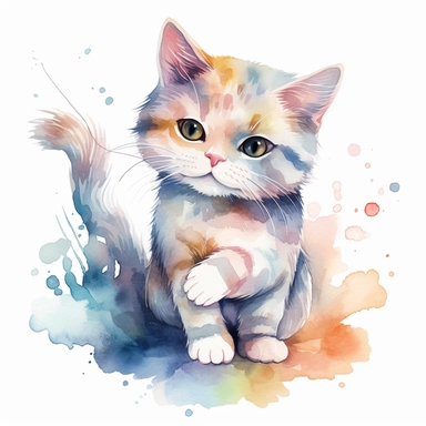 a cat holding a fish, painted with watercolor, background is watercolor splash, clipart, solid background