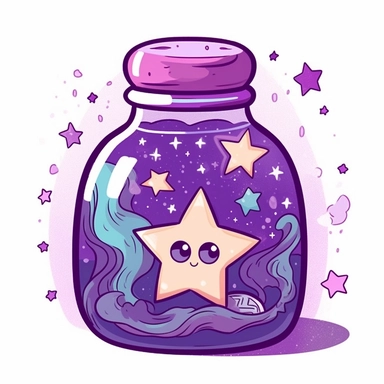 cute kawaii Clipart of a purple celestial universe inside a bottle, clear outlines, white background