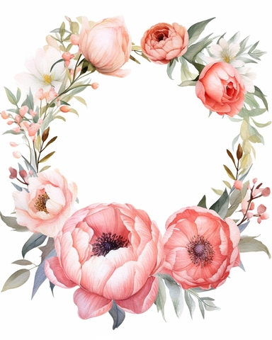 vibrant watercolor pink peony flower wreath with wide middle white space, realistic, clipart