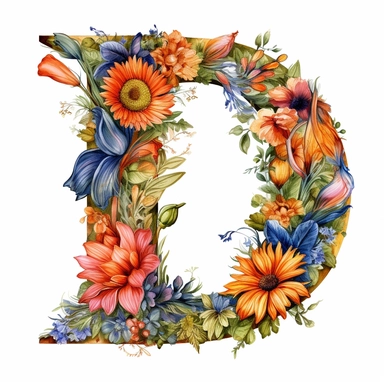 alphabet letter D, floral image, clipart, white background