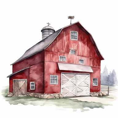 clipart, Watercolour, hand drawn, highly realistic, muted tones, beautiful, red farm barn, whole beautiful barn, white background, just barn nothing else